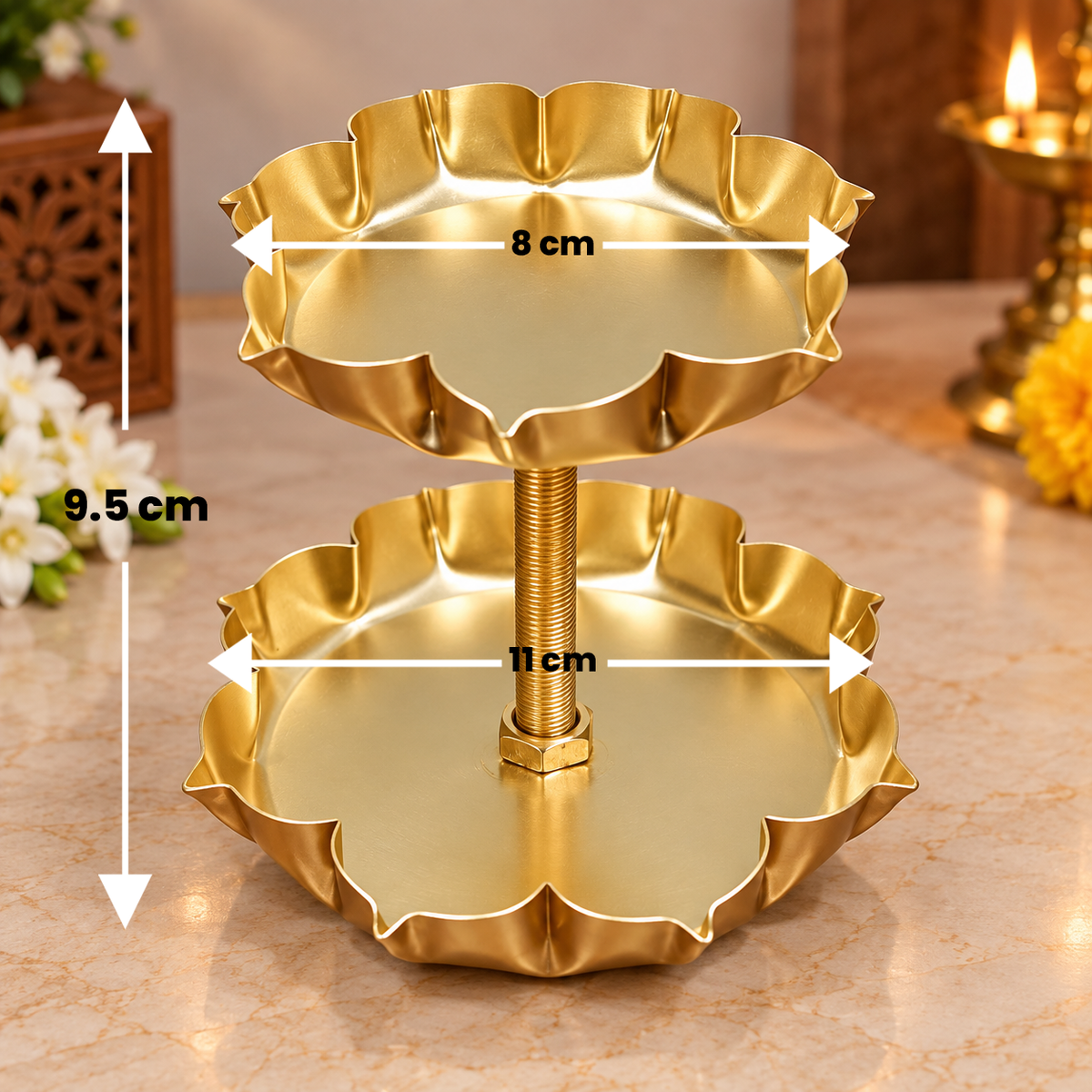 2 Tier Lotus Shape Metal Samai – Decorative Diya & Candle Holder | HOM-WCT033