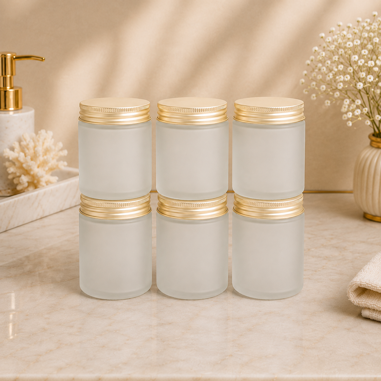 250ml Frosted Golden Cap Glass Candle Jars 6 pcs PM237