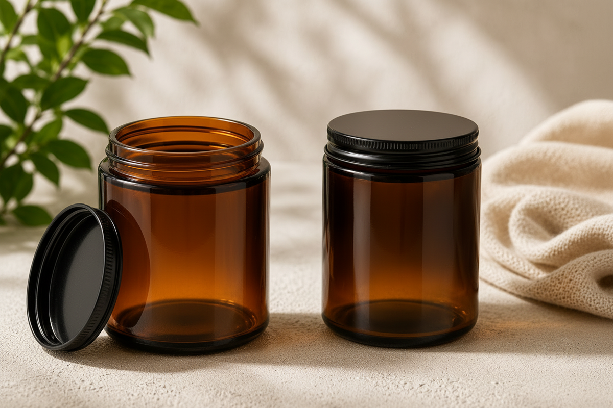 Glass Candle Jar 250ml Tall Amber Golden & Black Cap 6 Pcs PM158