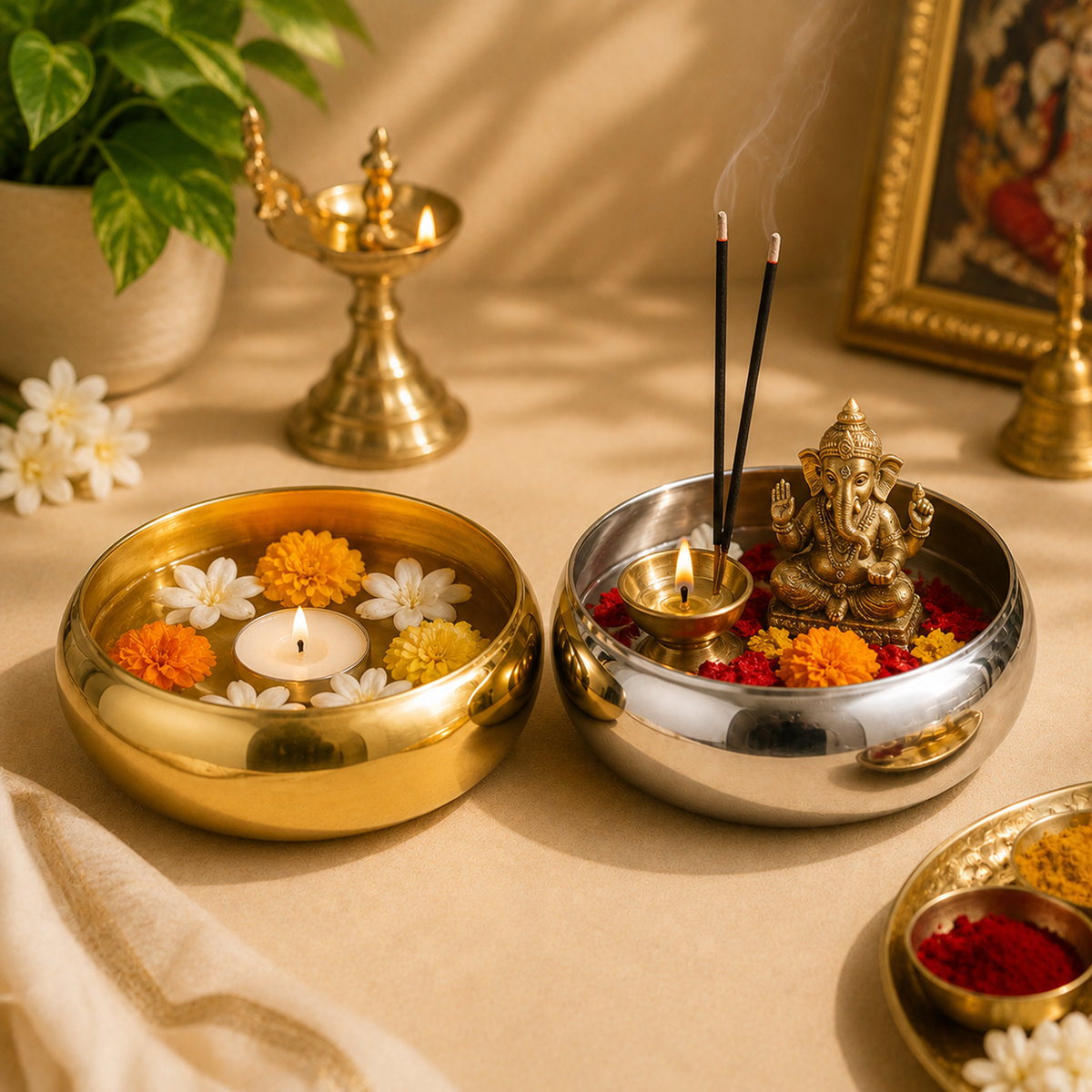 Plain Golden Metal Urli Bowl – Decorative Floating Candle & Flower Urli (Gold & Silver) | WCT016