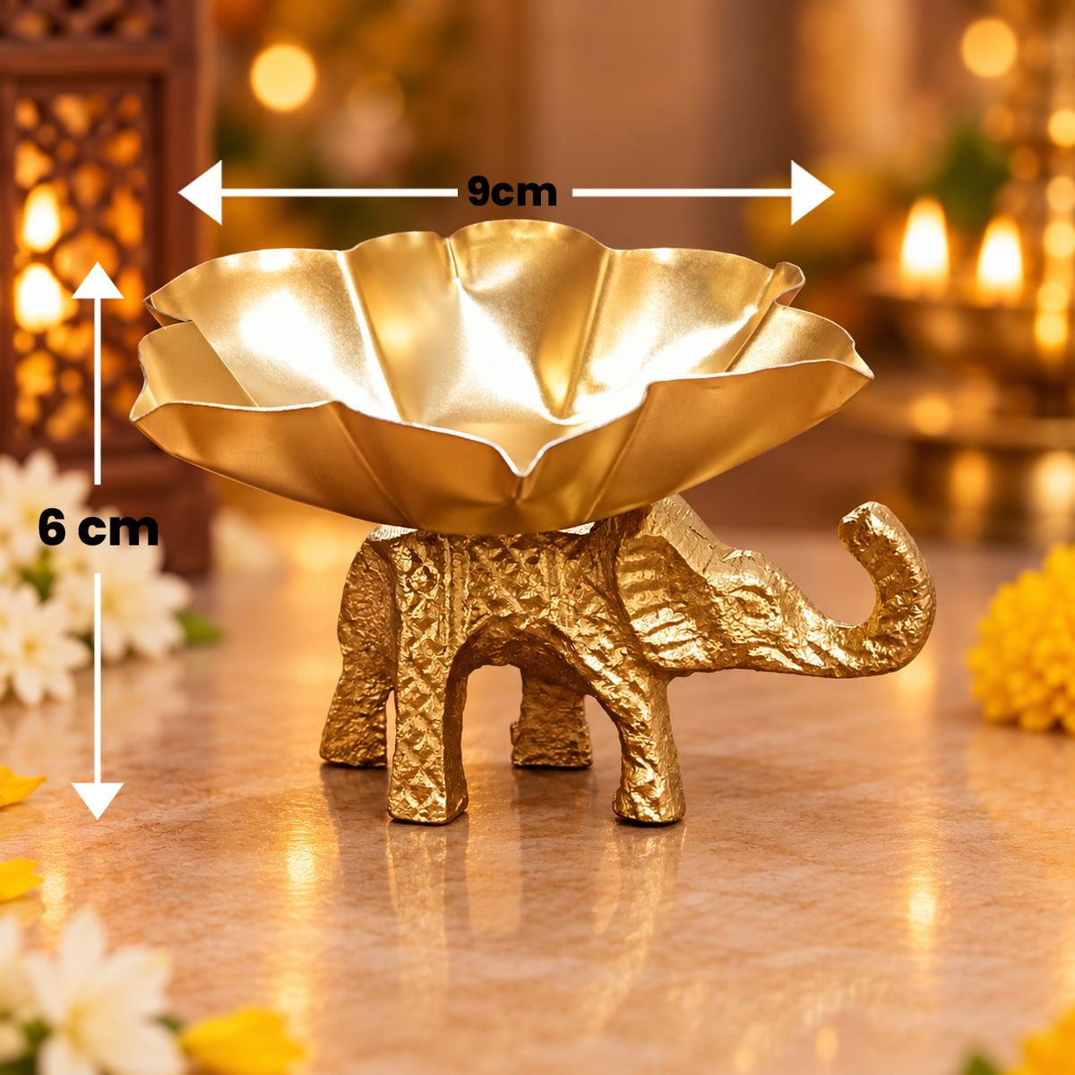Golden Elephant Lotus Urli - Diya & Candle Holder | HOM-WCT034