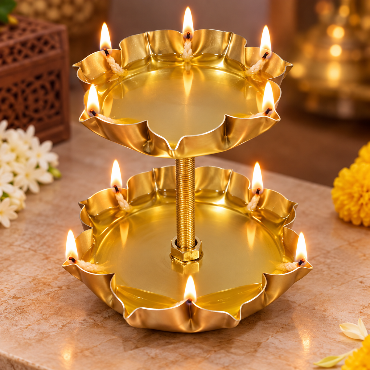 2 Tier Lotus Shape Metal Samai – Decorative Diya & Candle Holder | HOM-WCT033