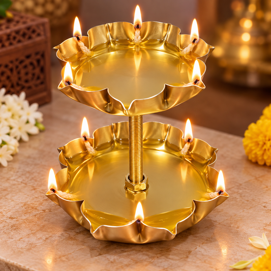 2 Tier Lotus Shape Metal Samai – Decorative Diya & Candle Holder | HOM-WCT033