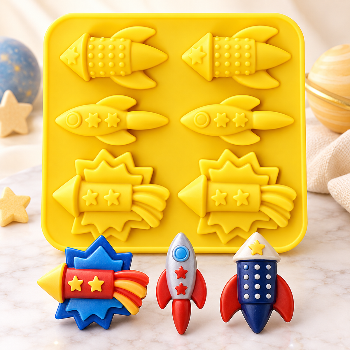 6-Cavity Space Rocket Silicone Mold – Rocket & Comet Design | MLD-SSM343