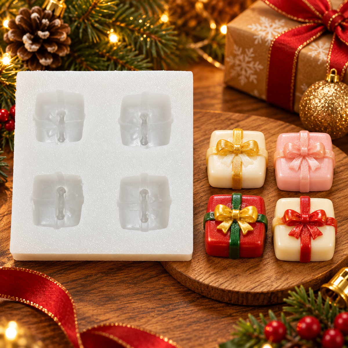 4 Cavity Christmas Gift Box Silicone Mold | MLD-CFM495[own]