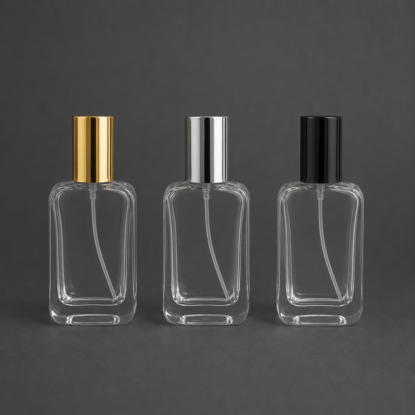Rectangular Shape Glass Perfume Spray Bottle with Metal Cap (3 colour set)  |  PGB004