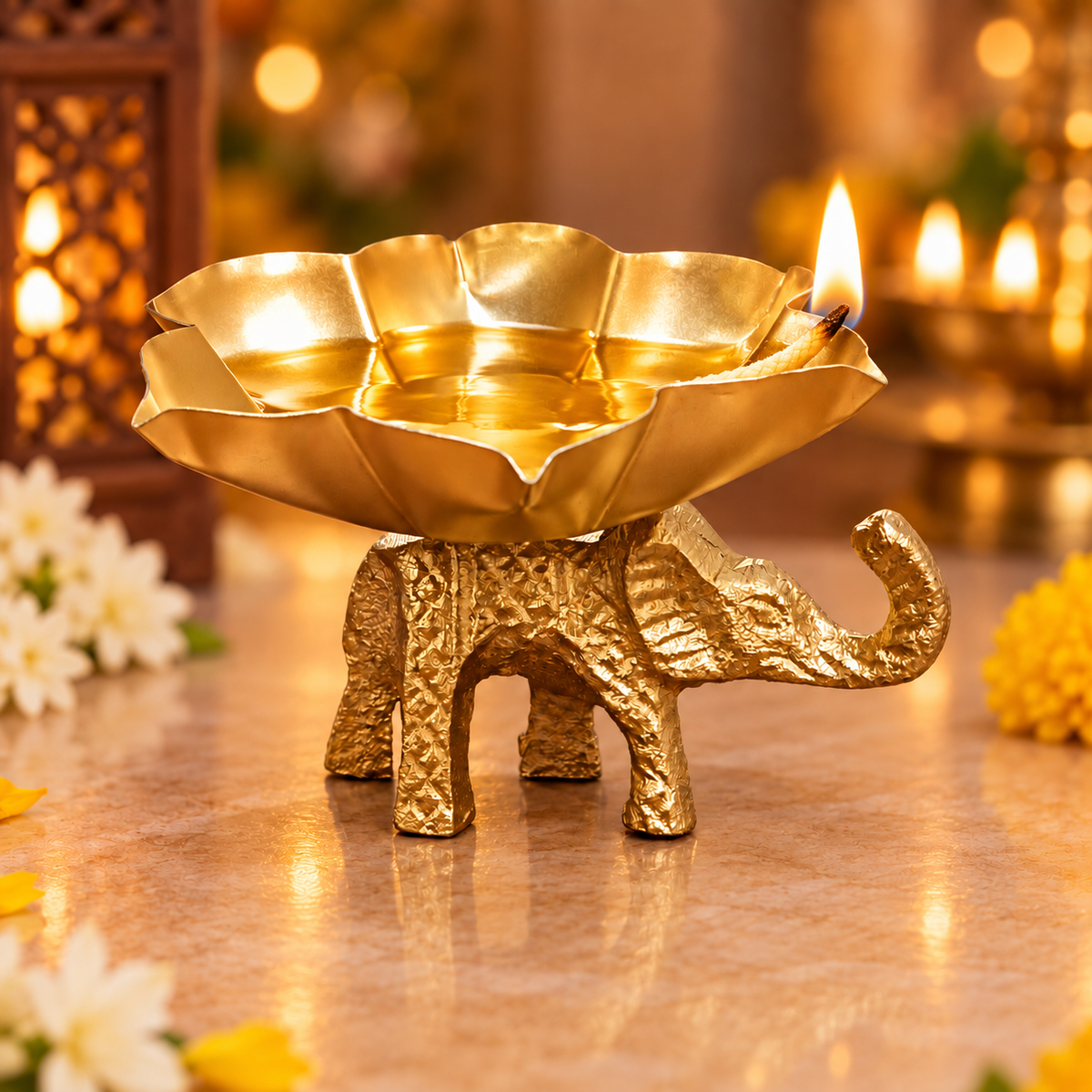 Golden Elephant Lotus Urli - Diya & Candle Holder | HOM-WCT034