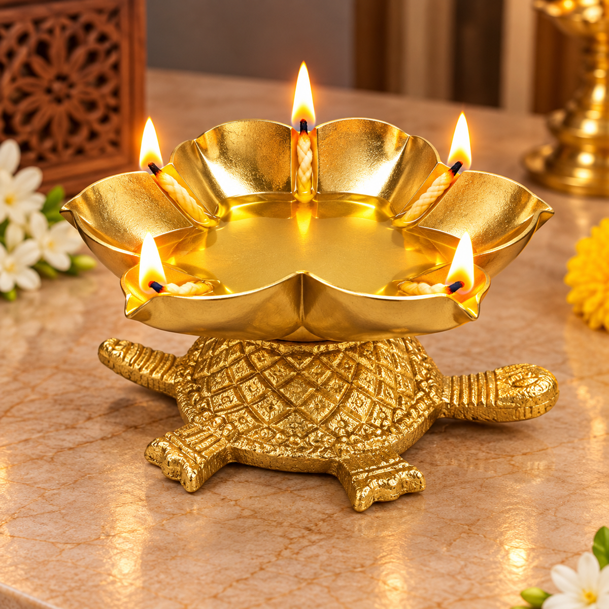 Golden Tortoise Lotus Urli Diya - Decorative Candle Holder | HOM-WCT035