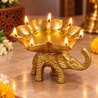 Golden Elephant Lotus Urli - Diya & Candle Holder | HOM-WCT034