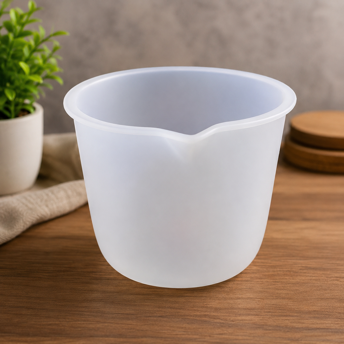A frosted translucent plastic mixing cup with a pouring spout, placed on a wooden tabletop with a small potted plant and wooden coasters in the background.