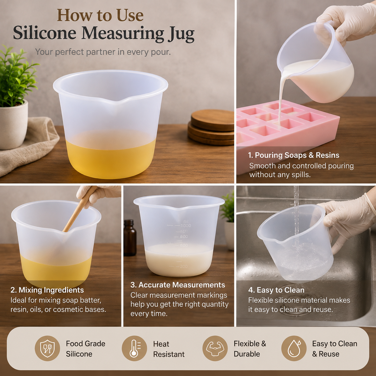 A multi-panel product demonstration graphic for a translucent silicone measuring jug. The top panel shows the jug filled with yellow liquid and the text 'How to Use Silicone Measuring Jug.
