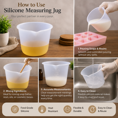 A multi-panel product demonstration graphic for a translucent silicone measuring jug. The top panel shows the jug filled with yellow liquid and the text 'How to Use Silicone Measuring Jug.
