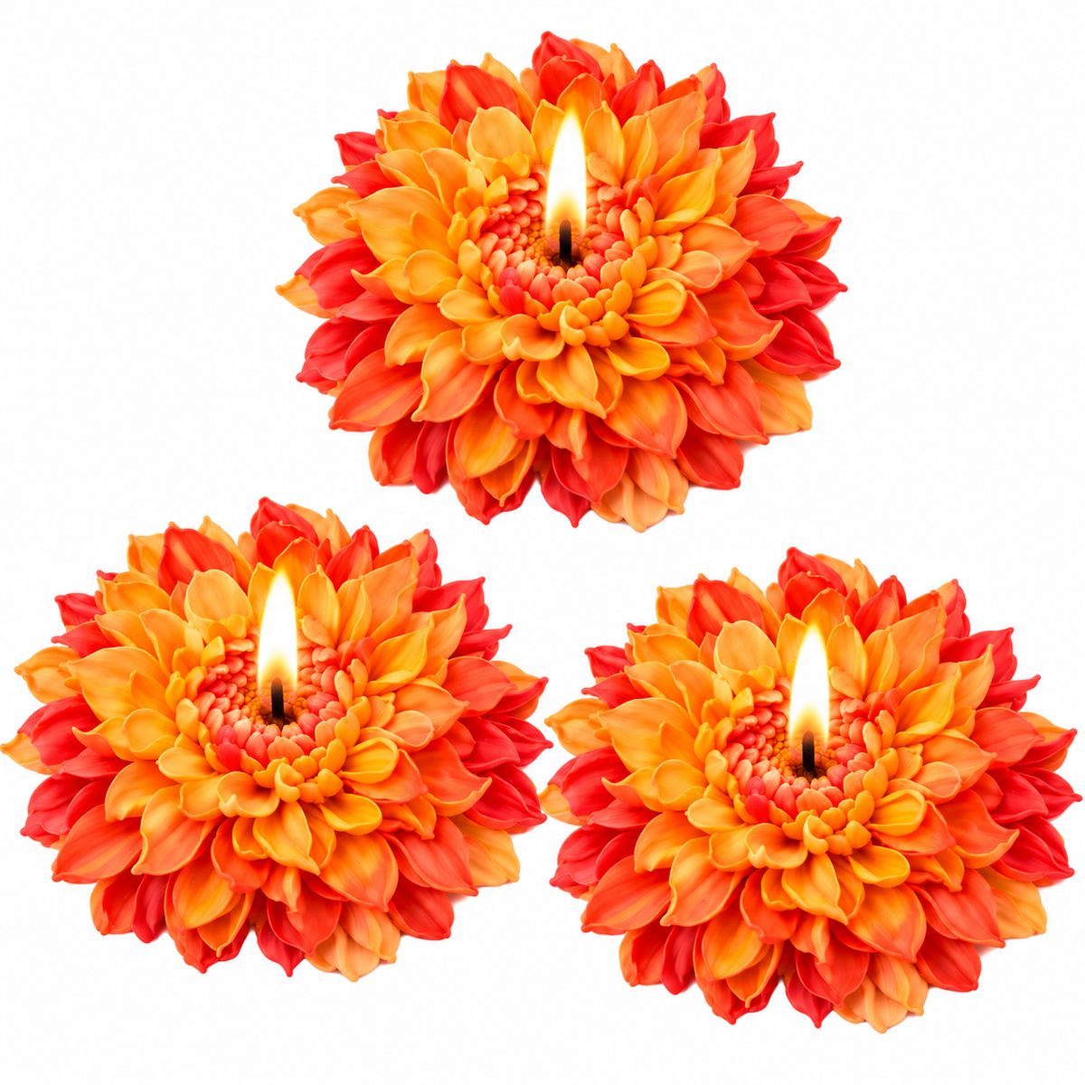 Three orange and red flower-shaped candles with lit flames, arranged on a plain white background.
