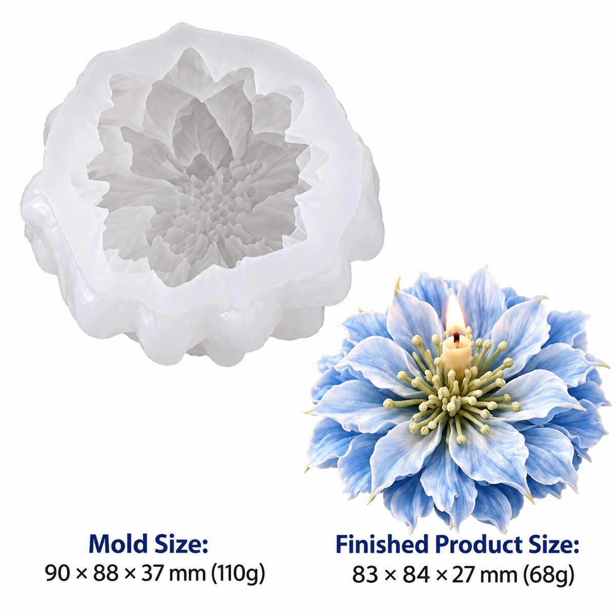 A white silicone flower mold shown alongside a finished blue flower candle with a small flame, with text indicating mold size 90 x 88 x 37 mm (110g) and finished product size 83 x 84 x 27 mm (68g) on a white background.