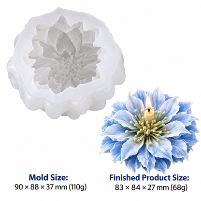 A white silicone flower mold shown alongside a finished blue flower candle with a small flame, with text indicating mold size 90 x 88 x 37 mm (110g) and finished product size 83 x 84 x 27 mm (68g) on a white background.