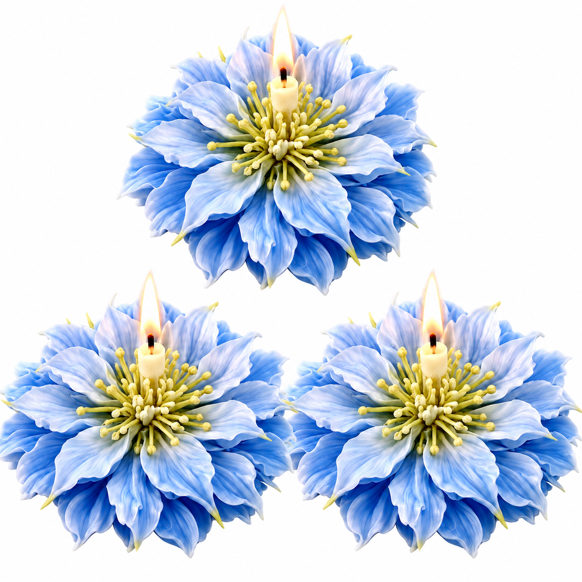 Three blue flower-shaped candles arranged on a white background, each with a lit flame at the center.