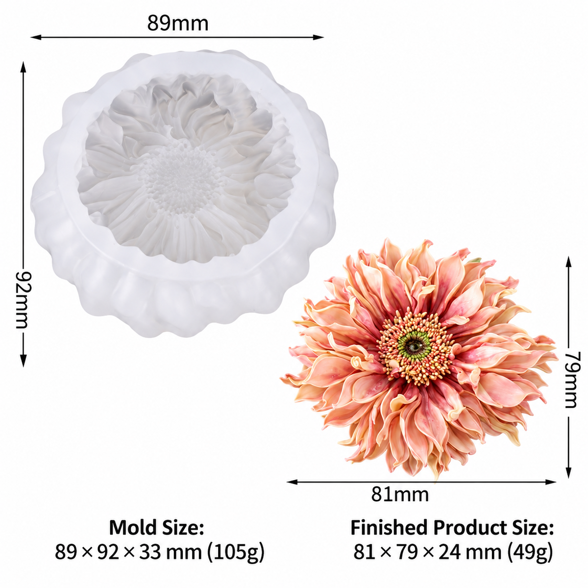A white flower-shaped silicone mold shown with dimension arrows and text indicating mold size 89 x 92 mm, alongside a finished pink and peach flower product size of 81 x 79 mm. The image is on a white background with measurement labels.
