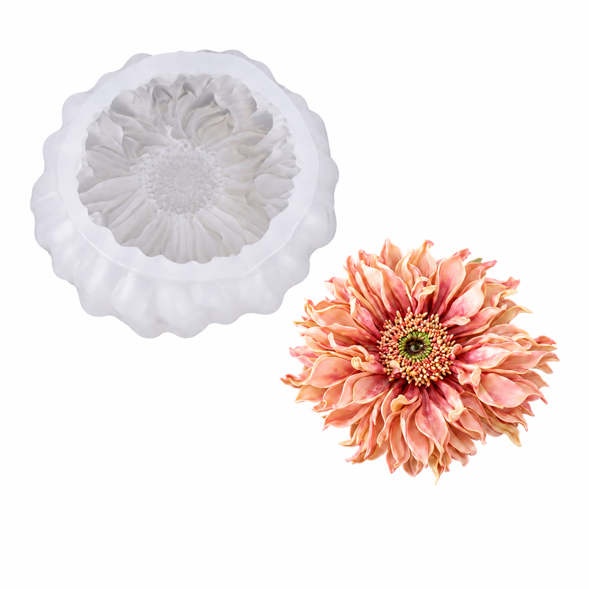 A white flower-shaped silicone mold shown next to a matching pink and peach artificial flower on a plain white background.