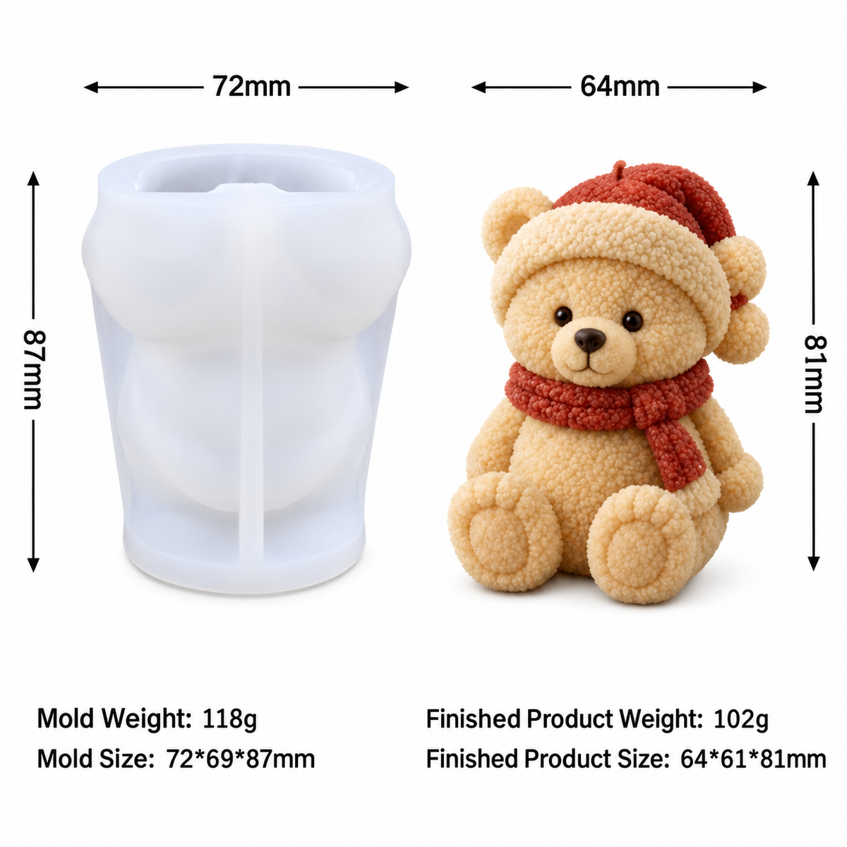 3D Santa Hat Teddy Bear Candle Silicone Mold | WCM964