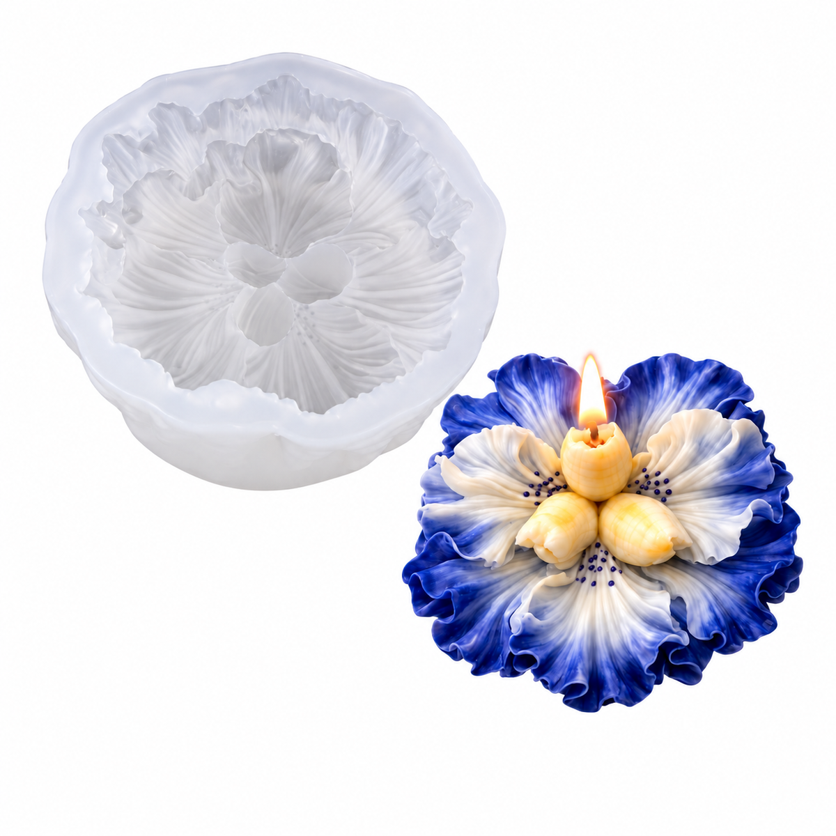 A white silicone mold with a flower petal design shown next to a blue and white flower-shaped candle with three small yellow bees and a lit flame in the center, on a plain white background.