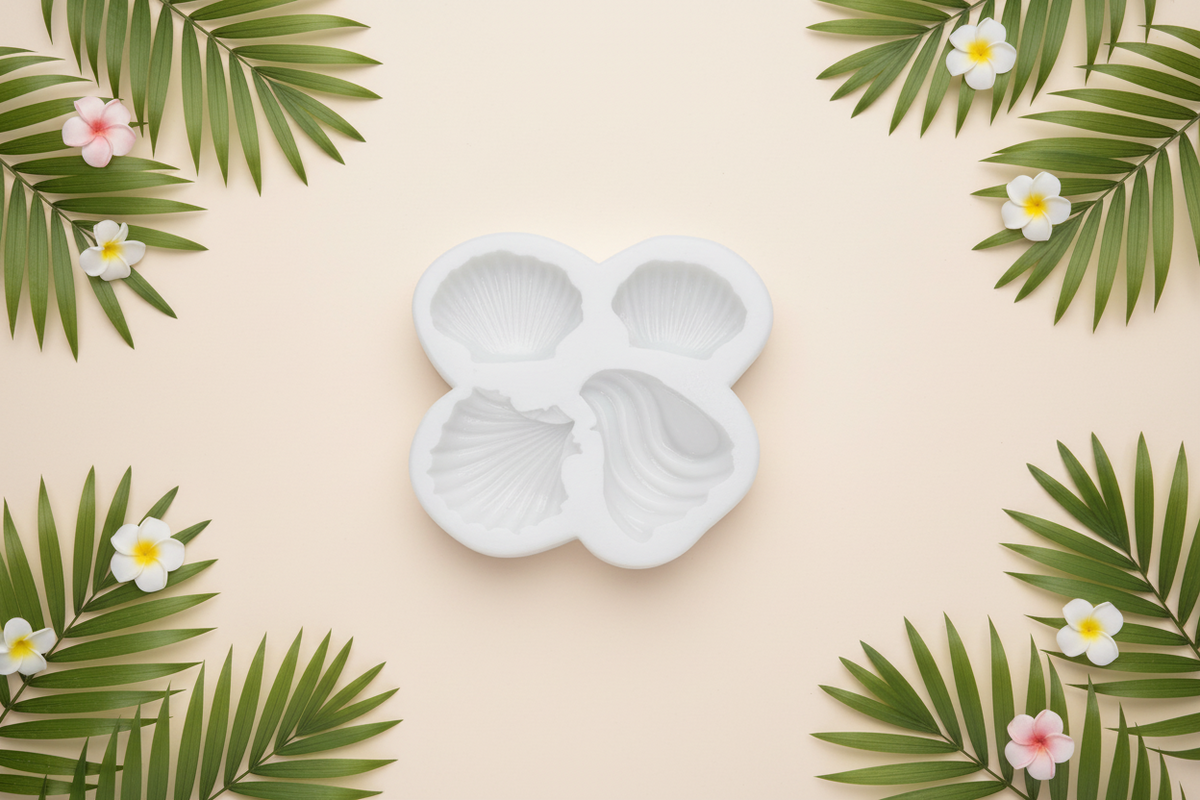 White flower-shaped ice cube tray surrounded by green palm leaves and small flowers on a beige background