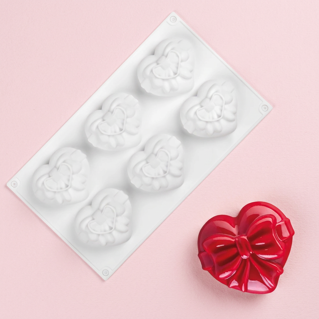 6 Cavity Heart with Bow & Ribbon Silicone Mold