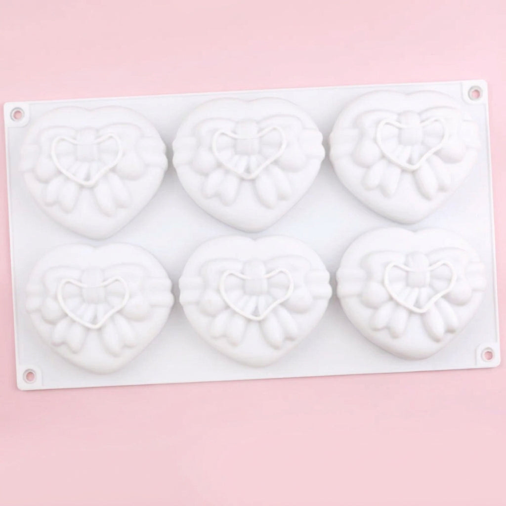 6 Cavity Heart with Bow & Ribbon Silicone Mold