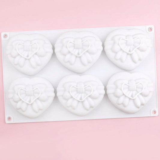 6 Cavity Heart with Bow & Ribbon Silicone Mold | SSM359