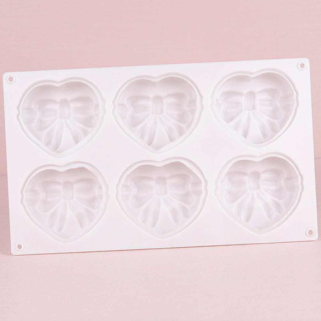 6 Cavity Heart with Bow & Ribbon Silicone Mold