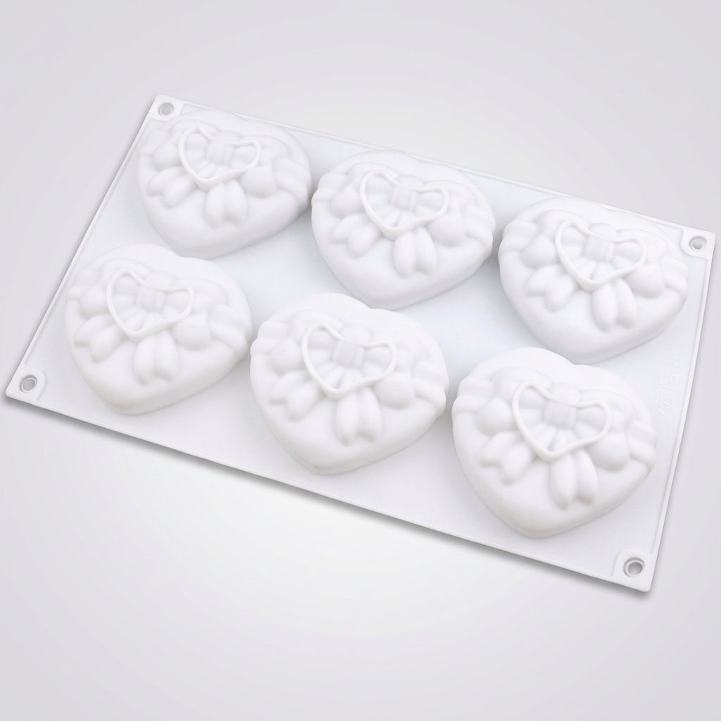 6 Cavity Heart with Bow & Ribbon Silicone Mold