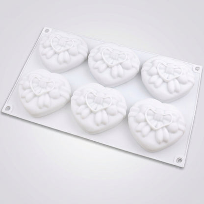 6 Cavity Heart with Bow & Ribbon Silicone Mold