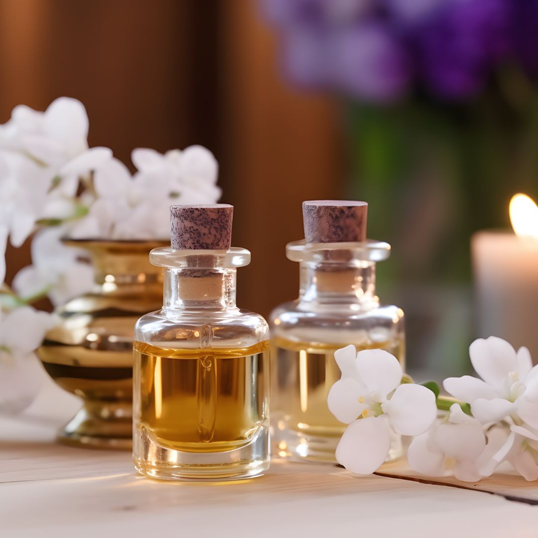 Two glass bottles filled with yellow liquid, resembling fragrance oil, on a wooden surface with white flowers and a lit candle in the background, suggesting a spa-like atmosphere.