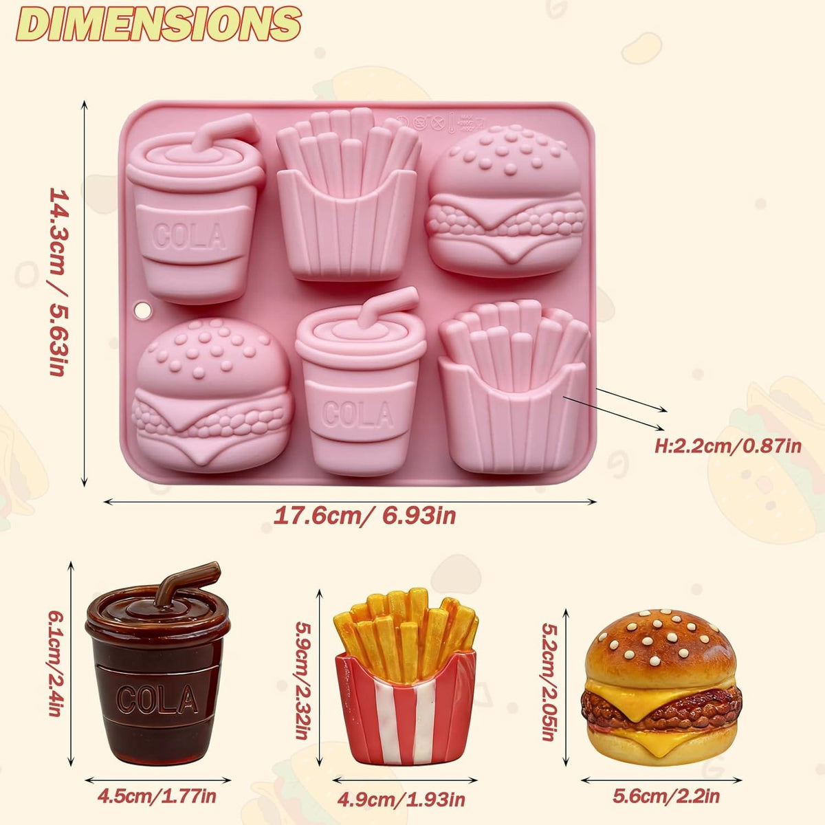 Pink silicone mold with food-shaped cavities on a beige background