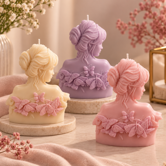 Three sculptural pillar candles shaped like female busts with floral details, shown in cream, lavender, and pink on round stone bases in a softly styled indoor setting.