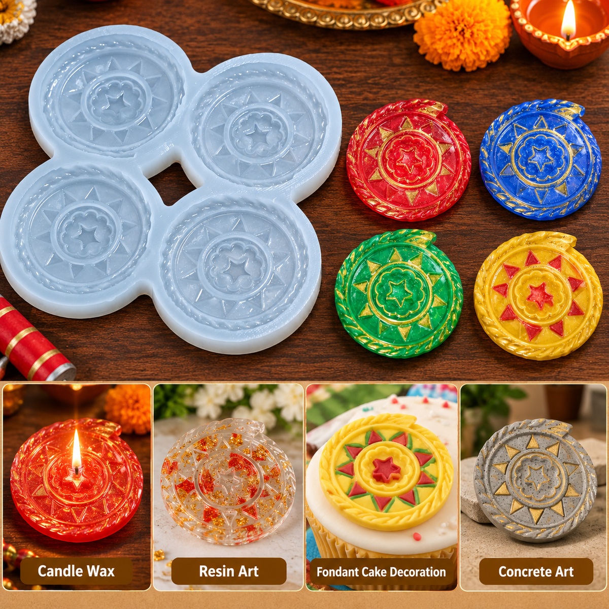 4 Cavity Diwali Chakri Firecracker Shape Silicone Mold | MLD-CFM511