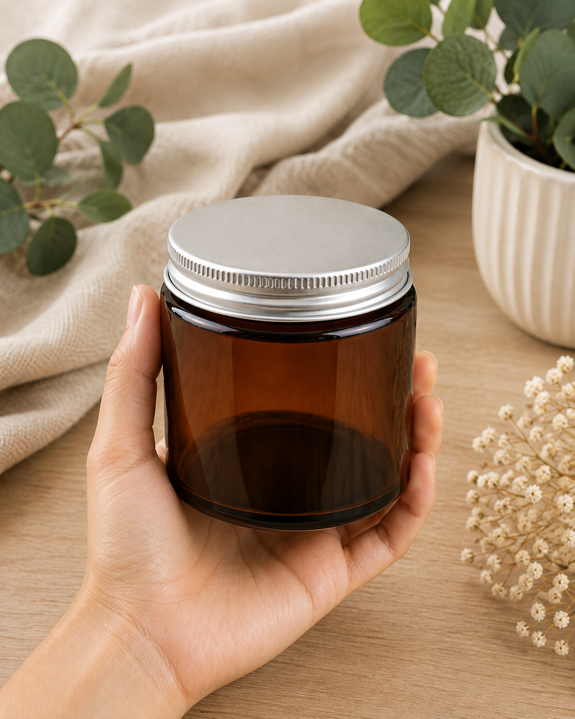 Glass Candle Jars 250ml Amber Silver Cap 6pcs PM159