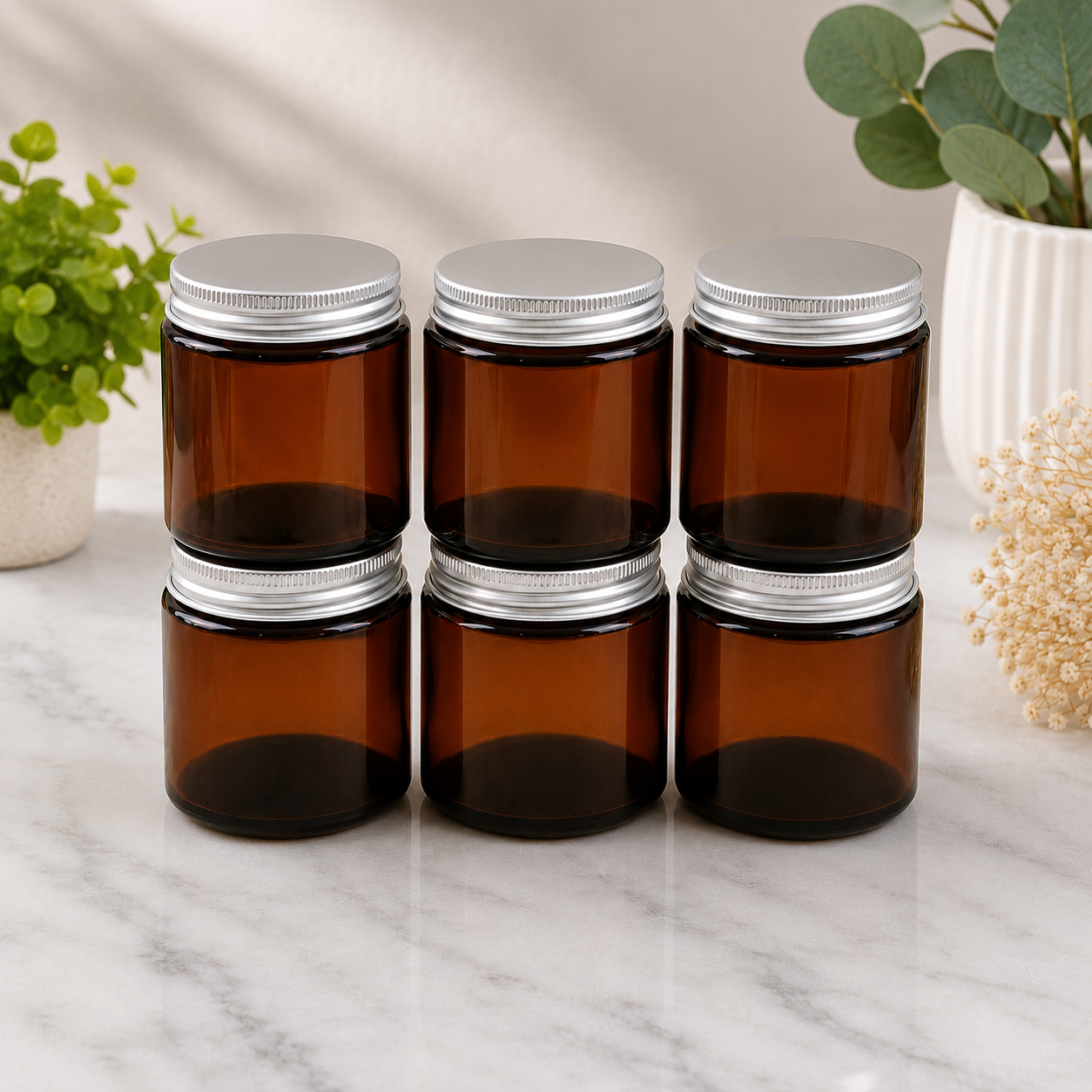 Glass Candle Jars 250ml Amber Silver Cap 6pcs PM159