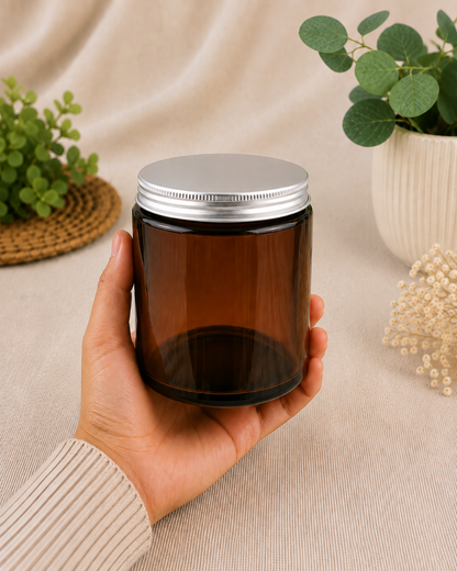 Glass Candle Jars 250ml Tall Amber Silver Cap 6pcs PM157