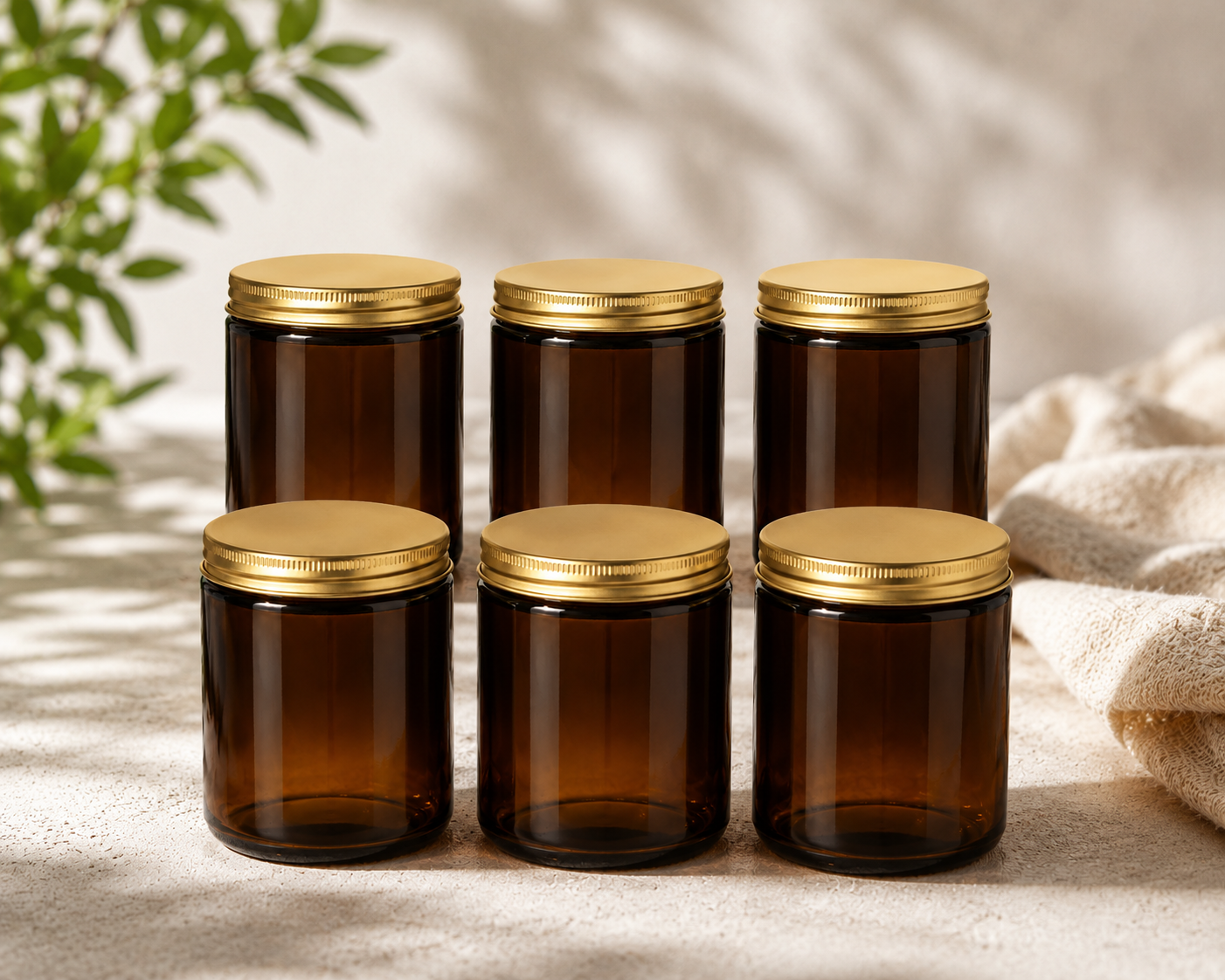 Glass Candle Jar 250ml Tall Amber Golden Cap 6 Pcs PM158