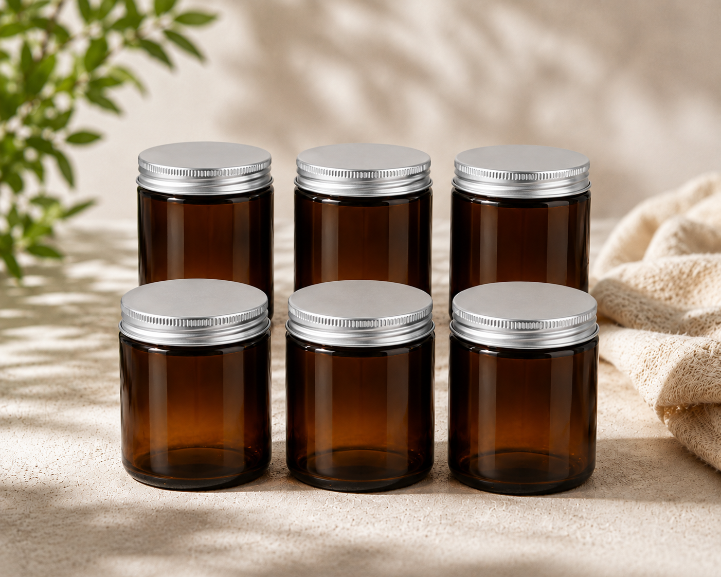 Glass Candle Jars 250ml Tall Amber Silver Cap 6pcs PM157