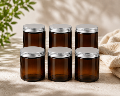 Glass Candle Jars 250ml Tall Amber Silver Cap 6pcs PM157