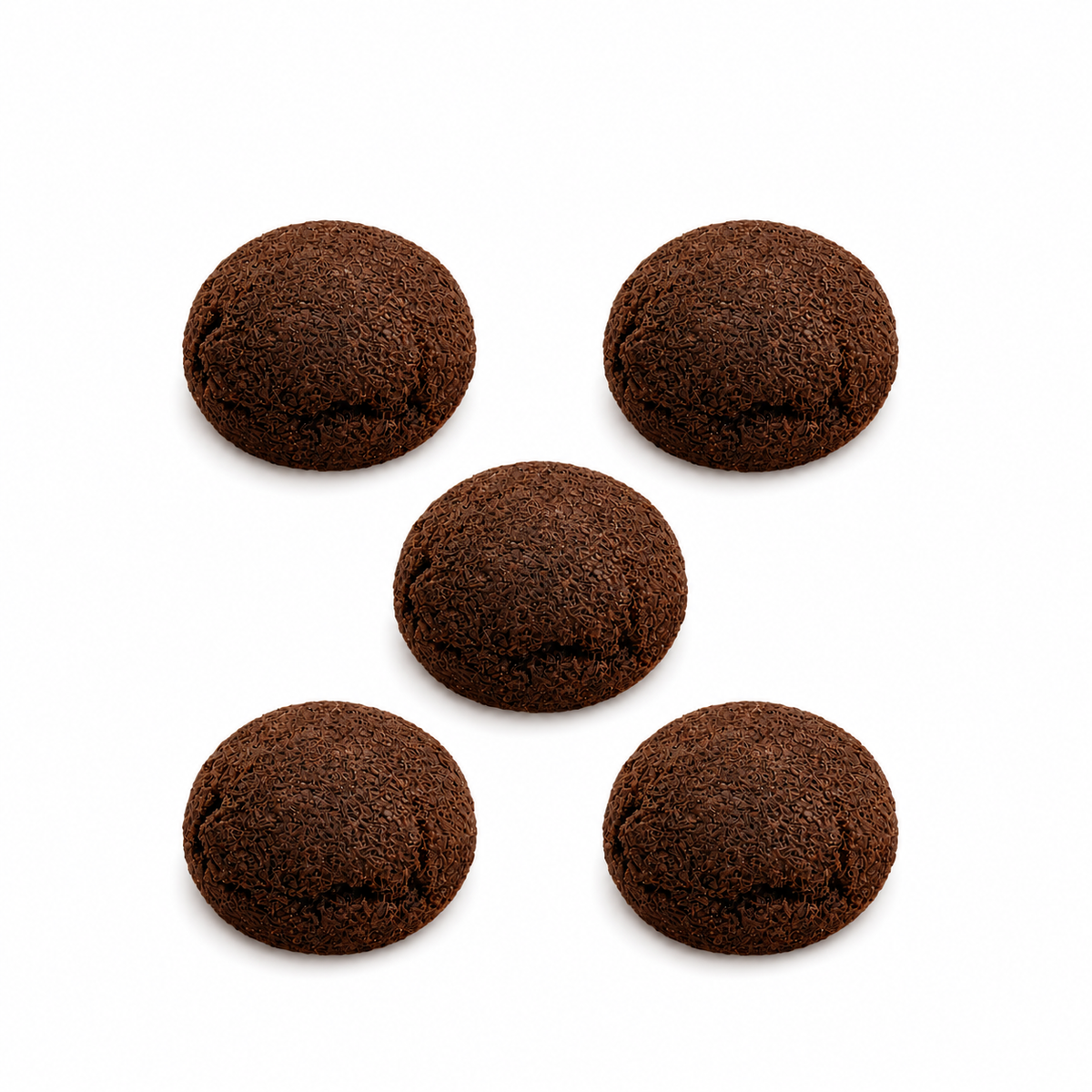 Five round dark brown chocolate cookies arranged in a diamond pattern on a clean white background.