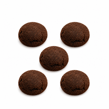 Five round dark brown chocolate cookies arranged in a diamond pattern on a clean white background.