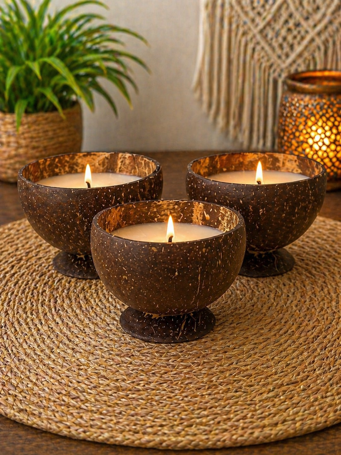 Three coconut shell candles on a woven mat with a plant and textured wall in the background.