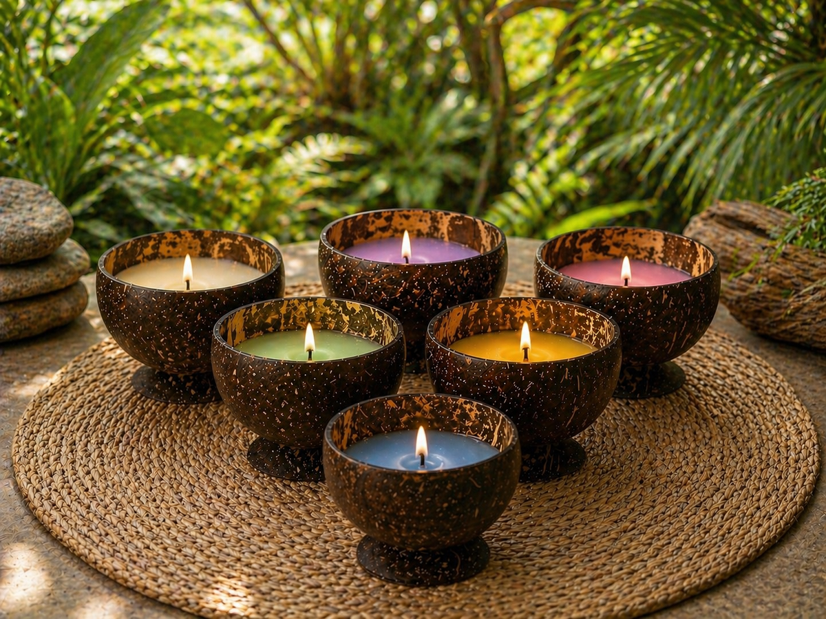 Coconut shells with candles lit on a woven mat outdoors
