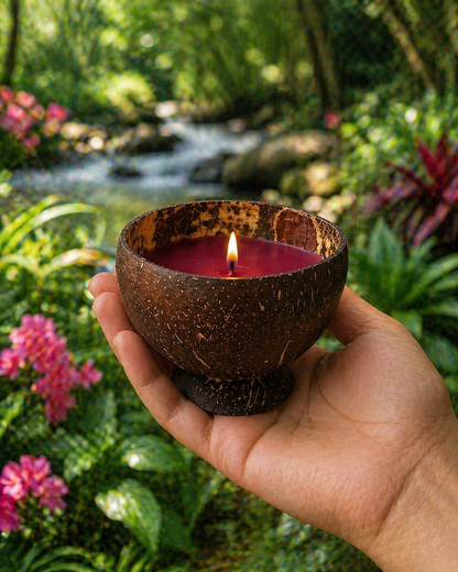 Coconut shell candle held in a hand with a natural background of a stream and plants