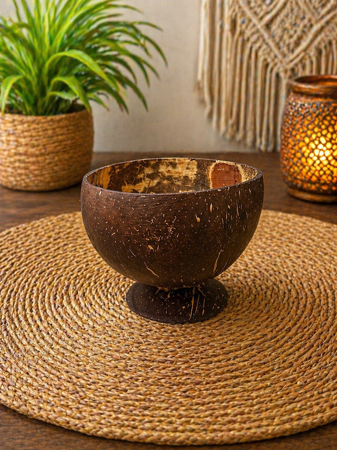 Coconut shell bowl on a woven mat with plants and lantern in the background