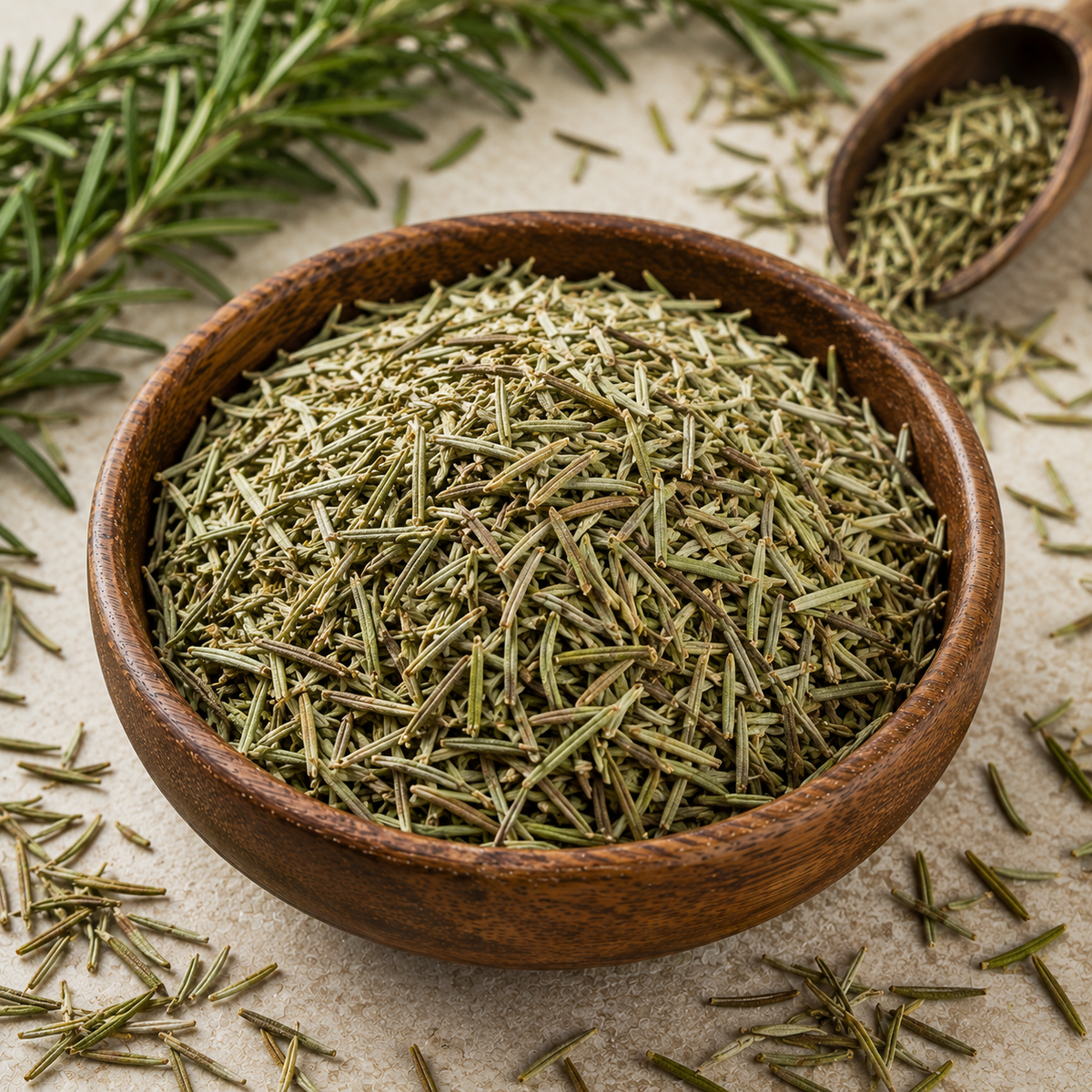 Dried rosemary herb in a round wooden bowl, with additional rosemary sprigs and a small wooden spoon in the background on a light neutral surface.