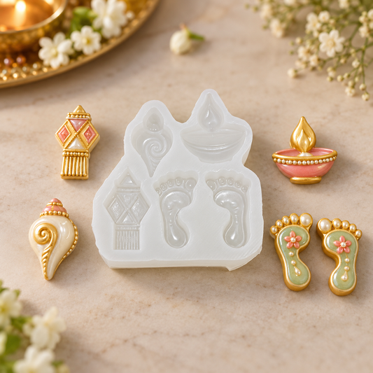 Diwali Special Shankh, Diya, Kandil & Lakshmi Charan Silicone Mold | MLD-CFM505[own]