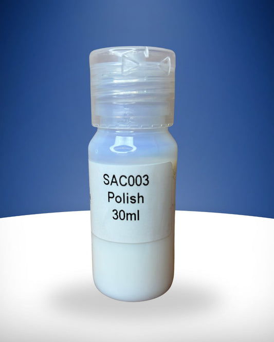 A small white bottle labeled 'SAC003 Polish 30ml' with a clear cap, placed against a blue background.